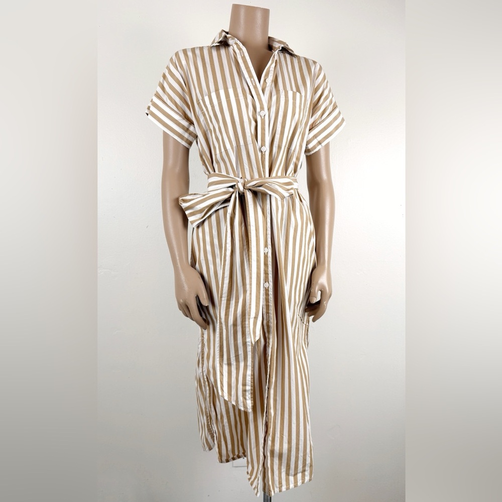 J. Crew Tan and White Cuffed Sleeve Midi Dress size xs